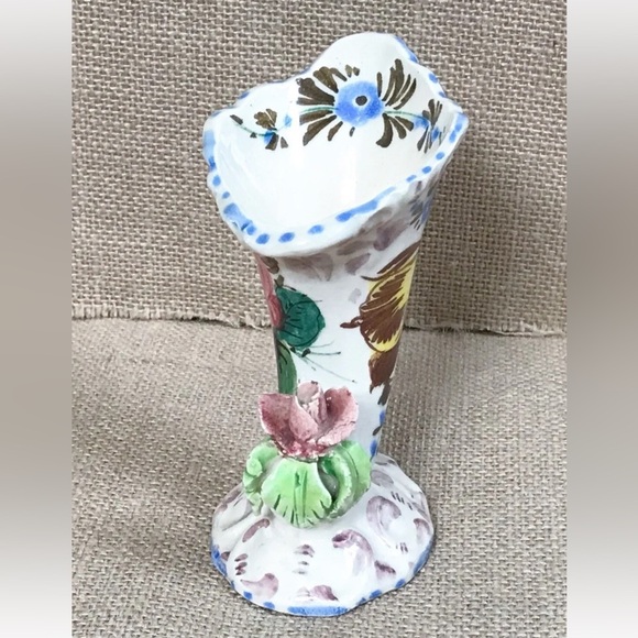 Floral Rose Cornucopia Vase 3 3/4 Inch Italian Pottery Cottage Fairy Core - Picture 6 of 7
